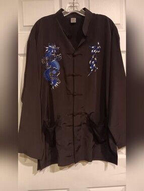 Black Satin Mandarin Jacket with Blue Dragon Embroidery